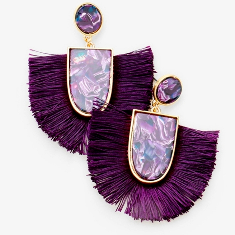 Purple Marble & Tassel Fringe Earrings